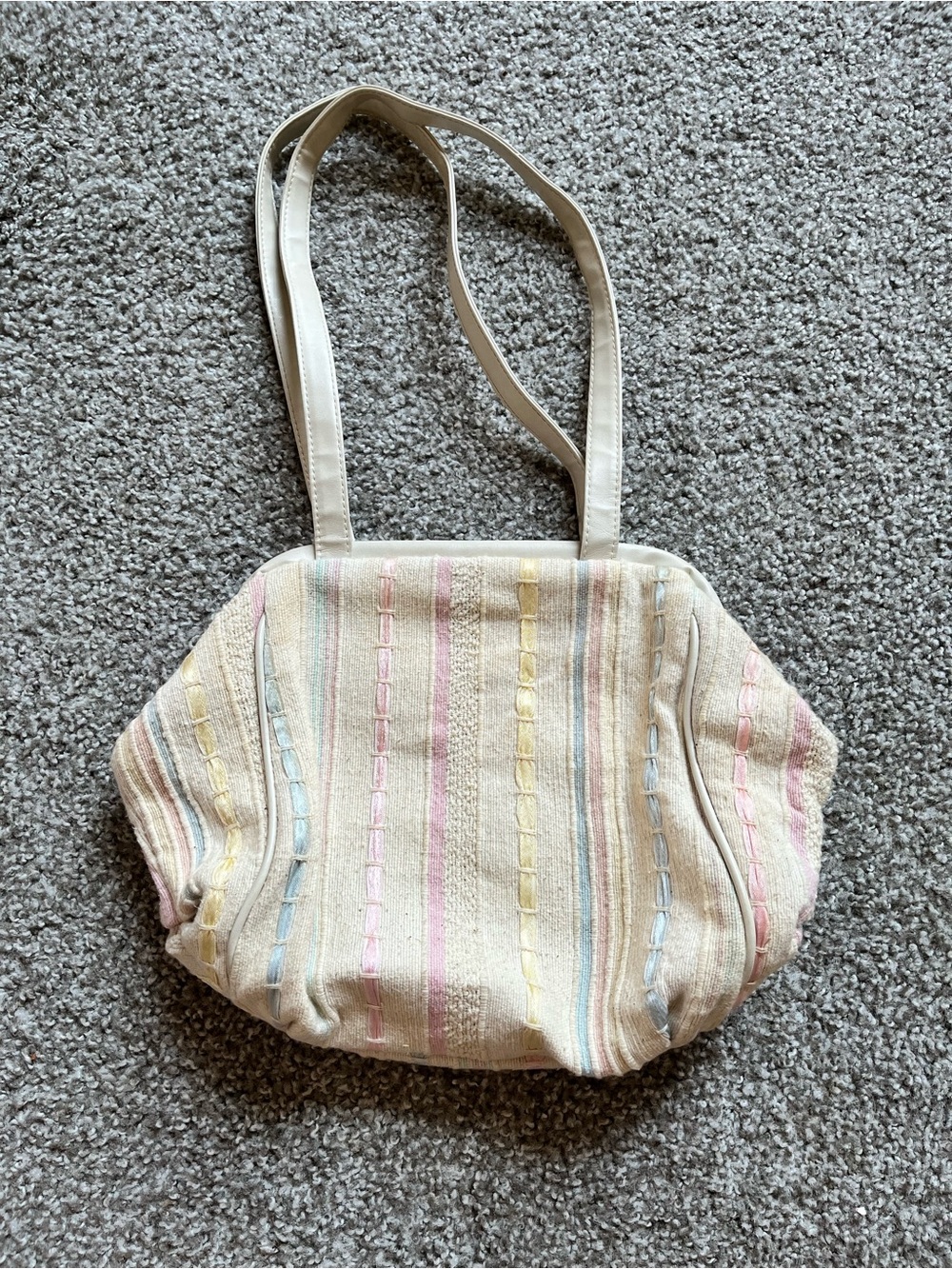 Vintage Cream Canvas Shoulder Bag with Pastel Stripe Accents